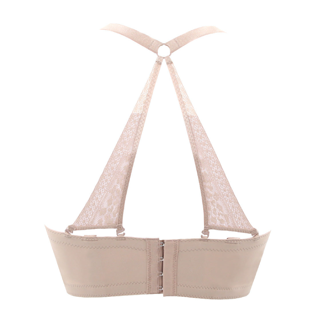 Back view of the beige push-up bra highlighting the wide, smoothing sidebands.