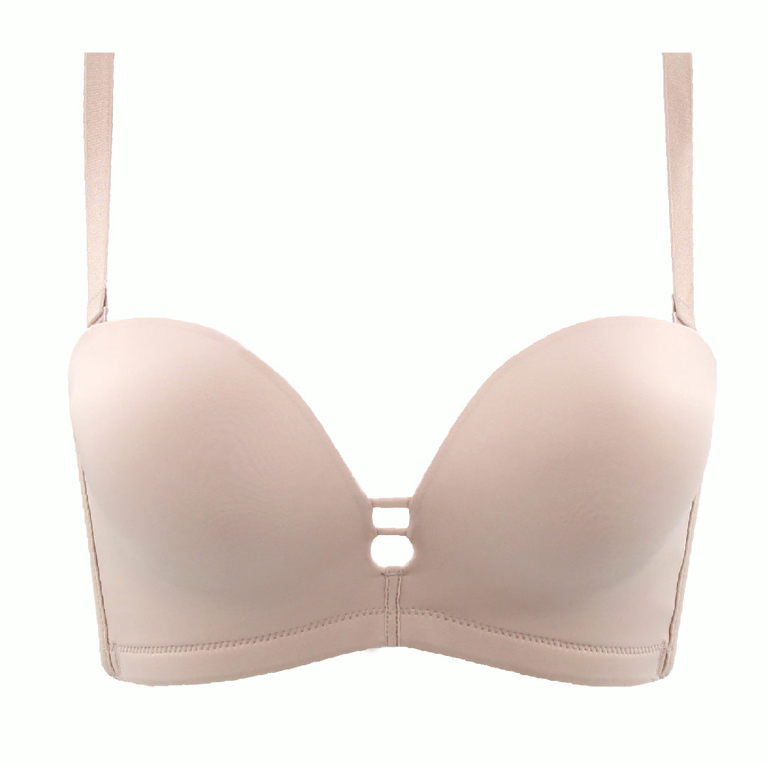 Front view of blue multiway seamless contour bra with invisible fit and versatile styling