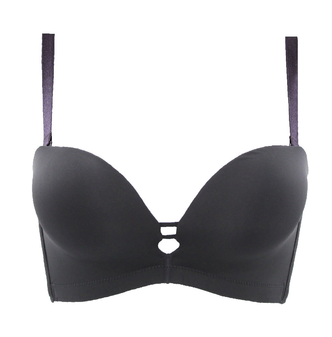 Back view of black seamless contour bra highlighting convertible multi-way strap options