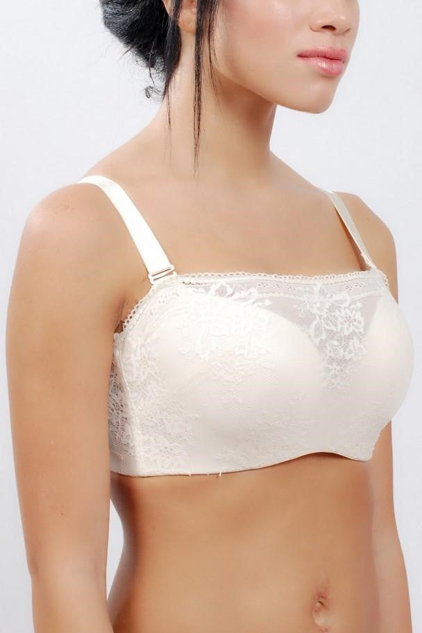 Front view of white lace bandeau contour bra with no show-through design
