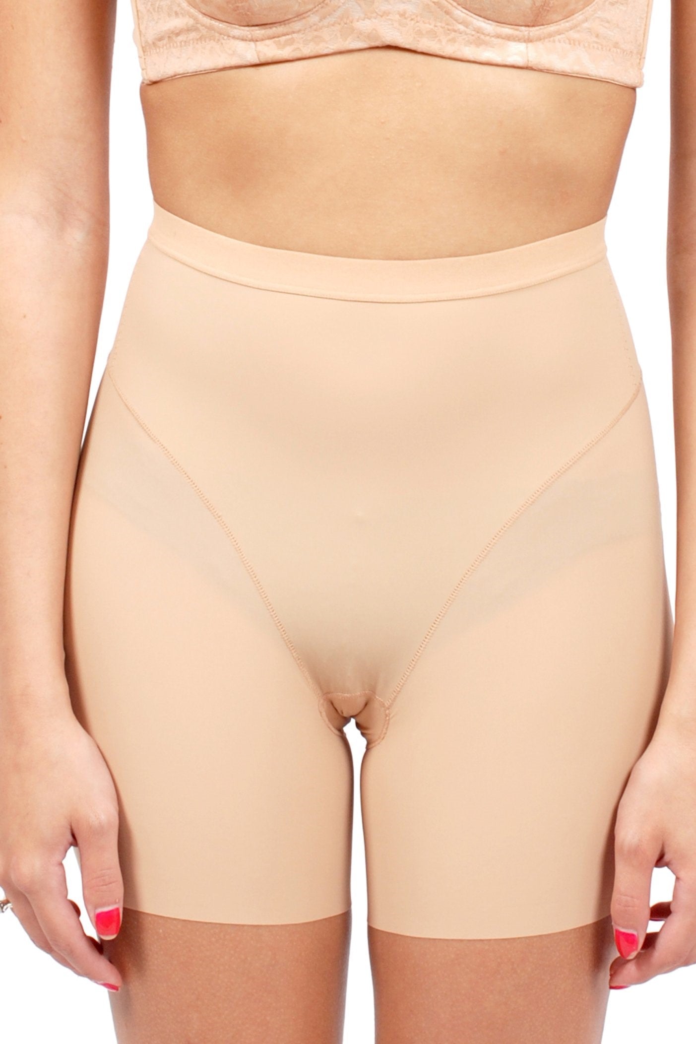 Side view of black butt lifter shapewear shorts showing thigh-slimming and hip-shaping compression