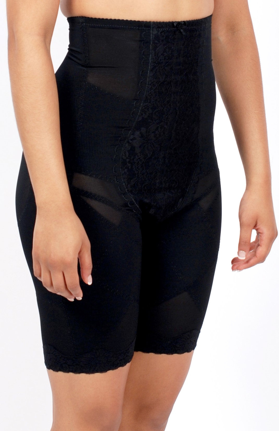 Detail view of beige lace panel on high-waist thigh slimmer shapewear shorts