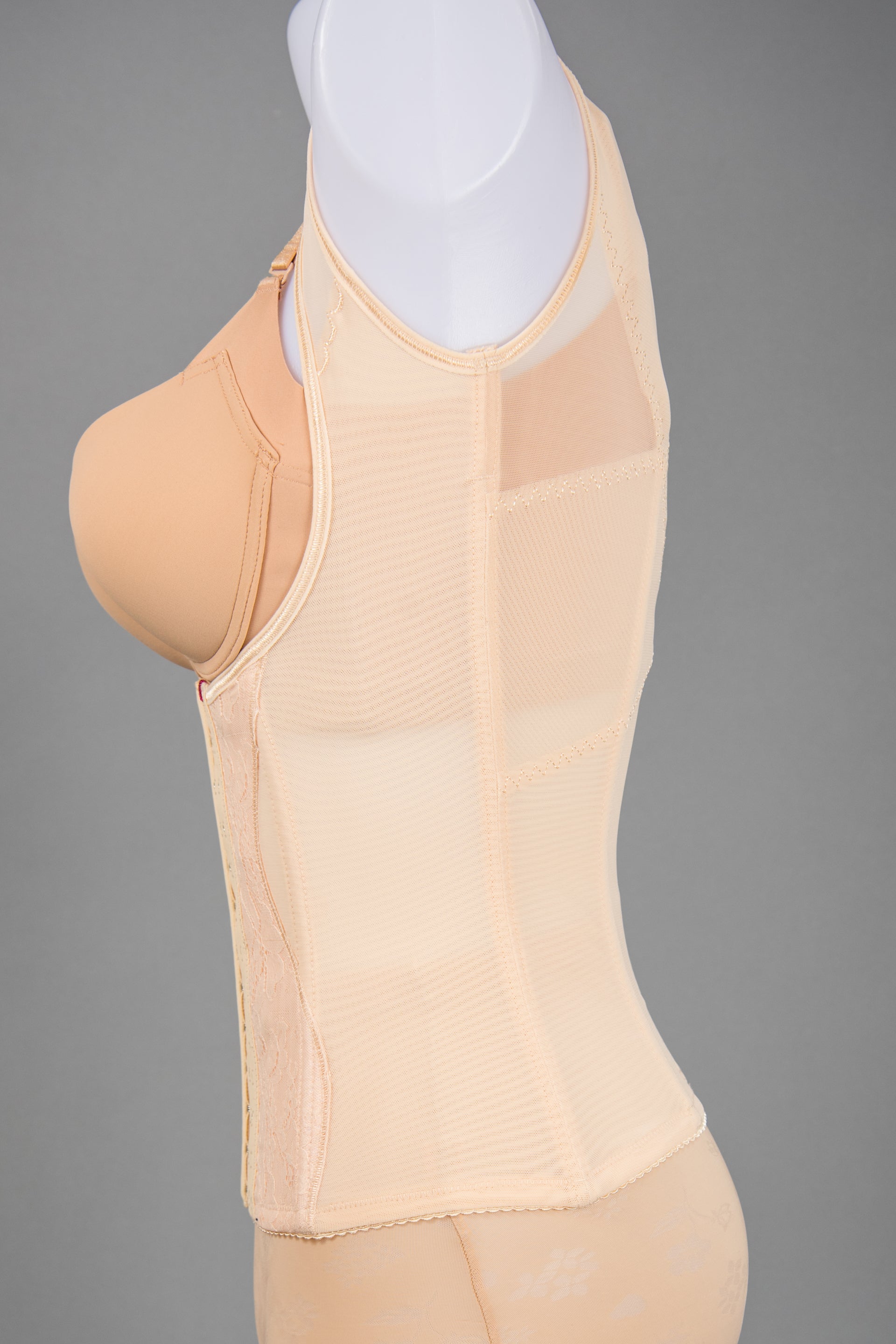 Front view of beige open-bust camisole corset shapewear for everyday wear