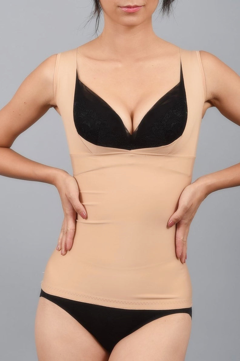 Side view of black camisole body shaper shapewear showing seamless torso-trimming design