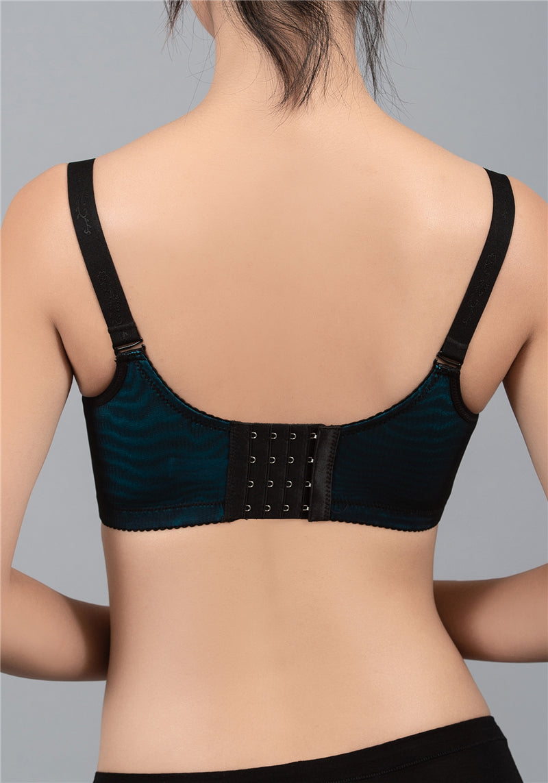 Angled view of black wireless lace push-up contour bra showing moisture-wicking cotton lining