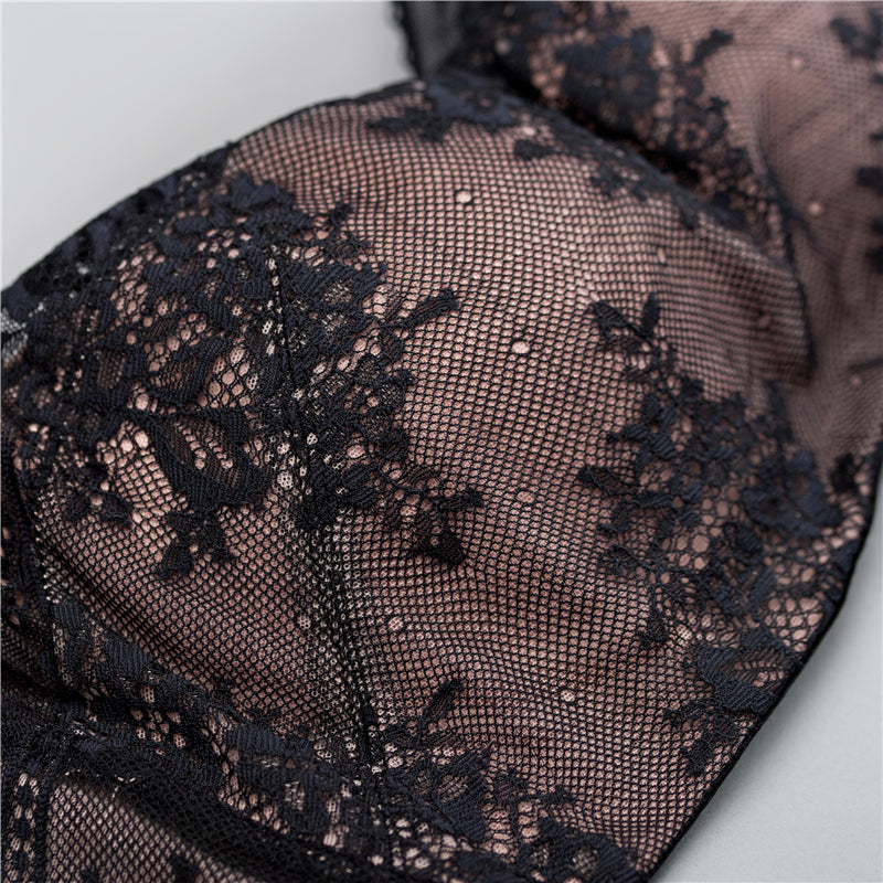 Detail view of lace bandeau contour bra 3D molded cup and convertible straps