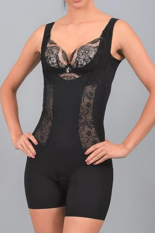 Side view of black Intelligent Curve body shaper shapewear showing mid-thigh length and seamless fit