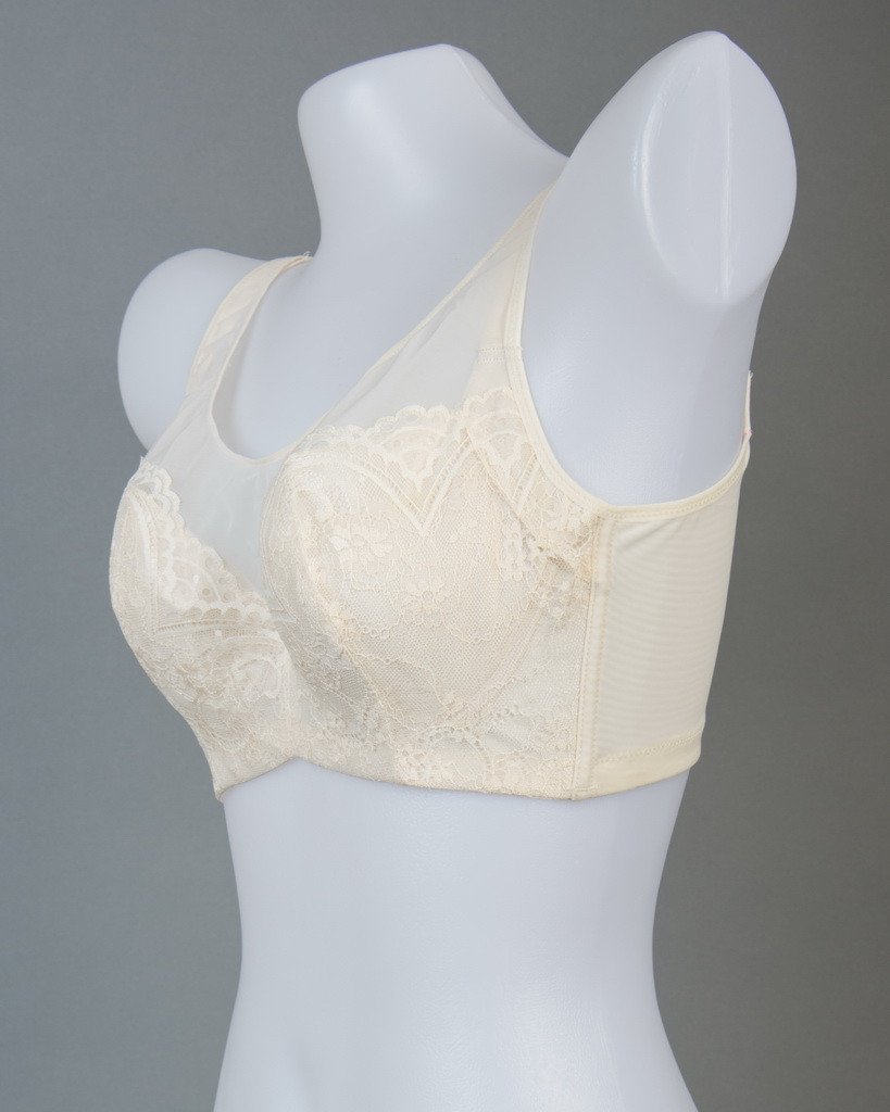 Front view of white full cup mesh underwire push-up contour bra with lace detail overlay