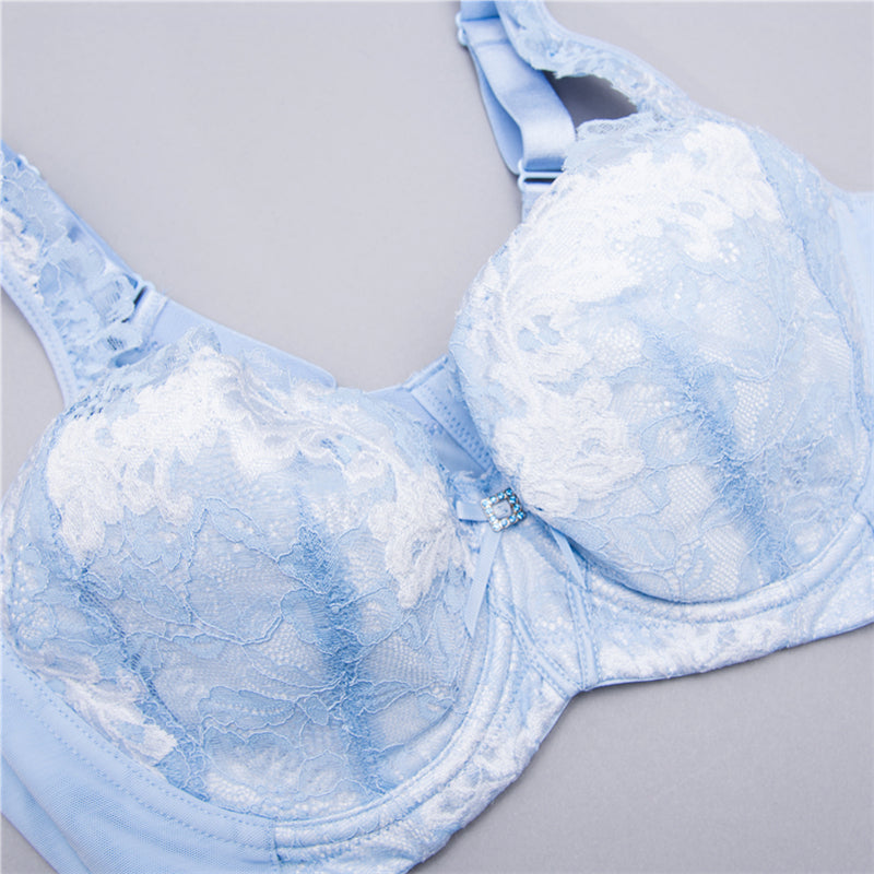 Detail view of lace embroidery on blue full coverage wireless push-up contour bra