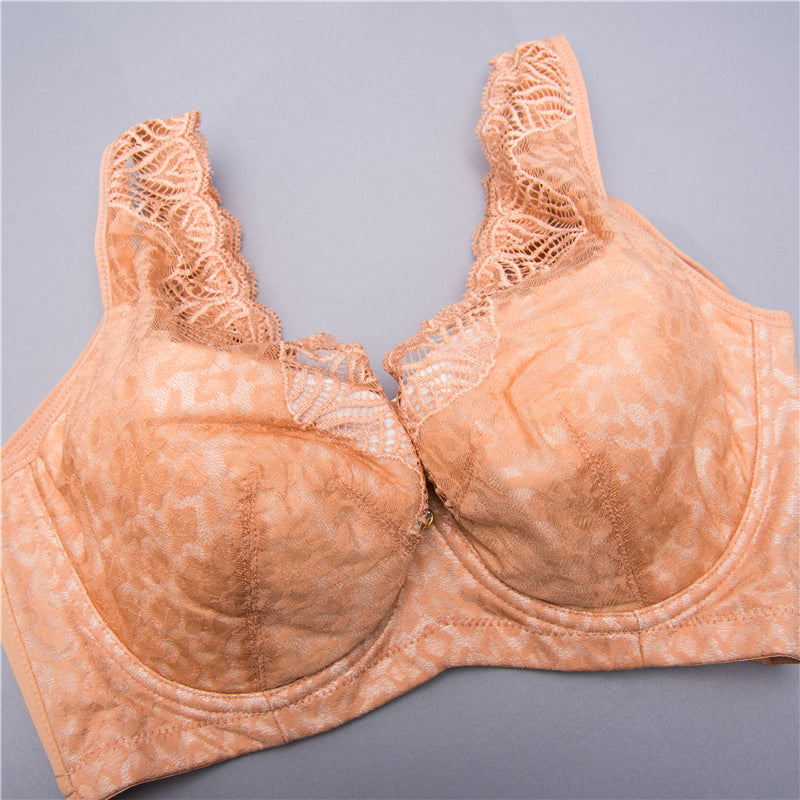 Front view of purple French lace wireless contour bra with natural push-up lift