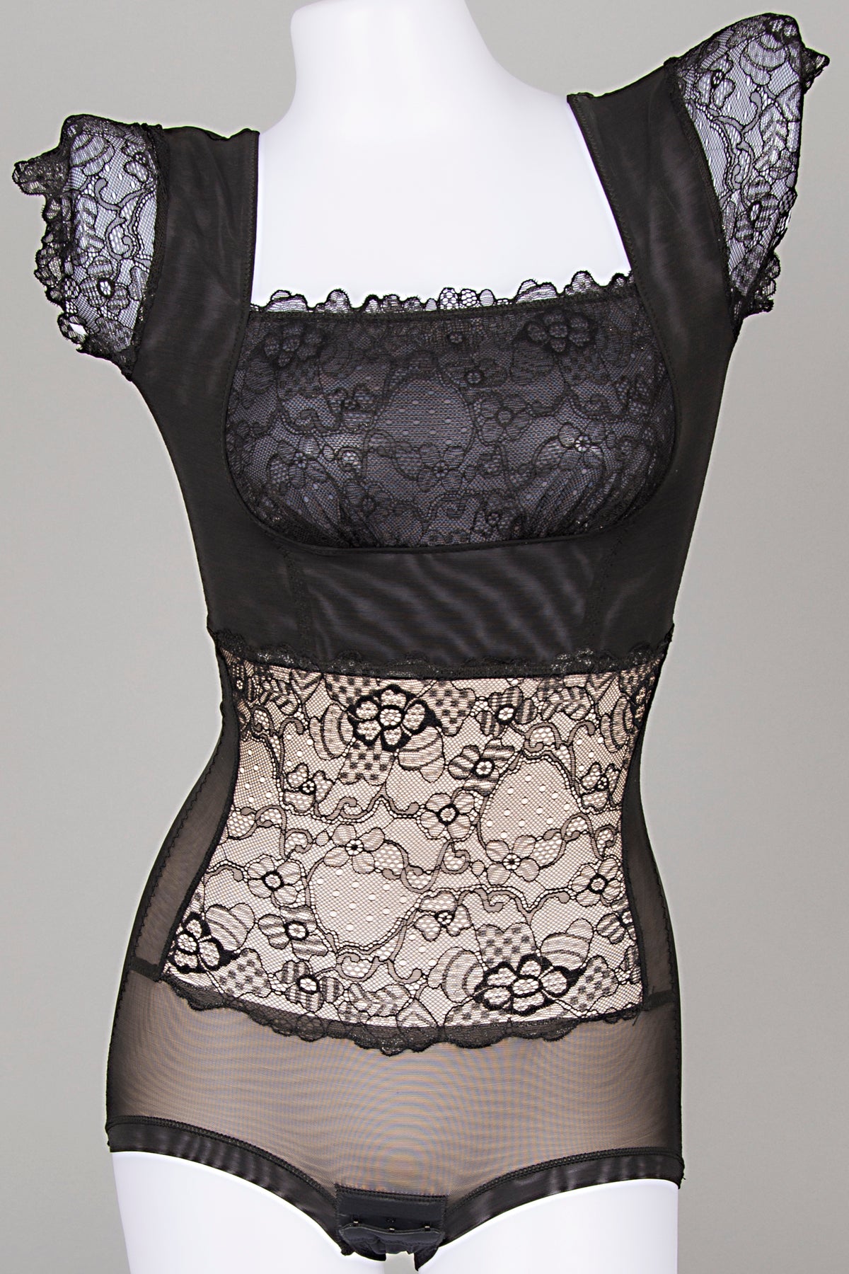 Front view of black microfiber lace square neck bodysuit shapewear