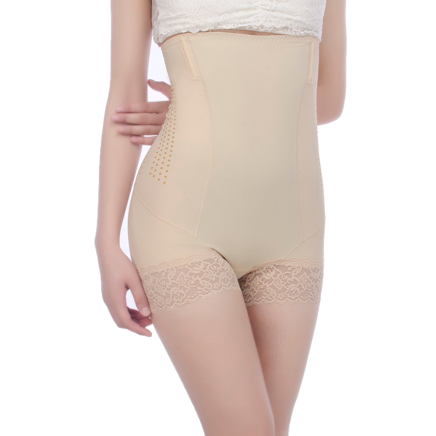 Detail view of beige bamboo fiber shapewear pants showing breathable fabric texture