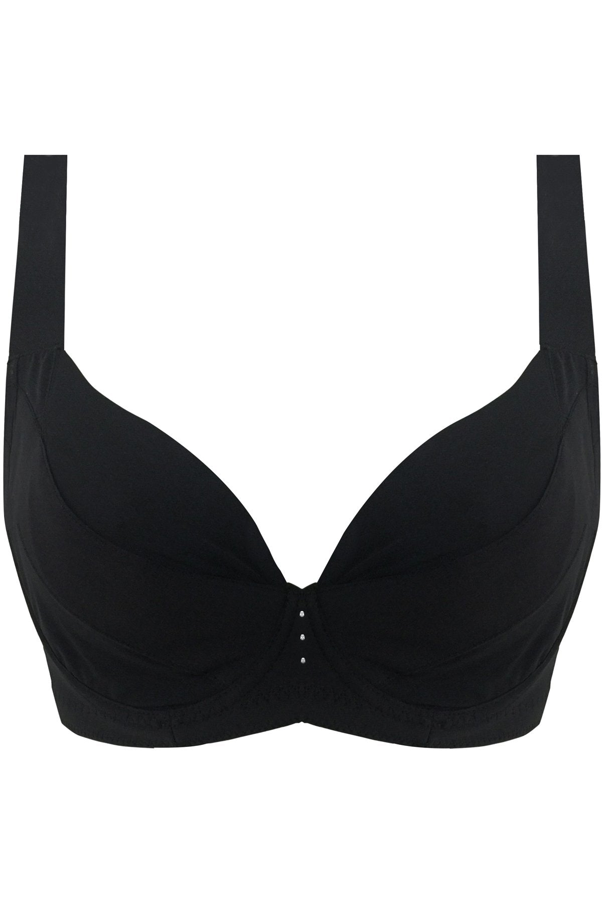 Side view of black underwire push-up contour bra showing oil-treated mold cup and seamless fit
