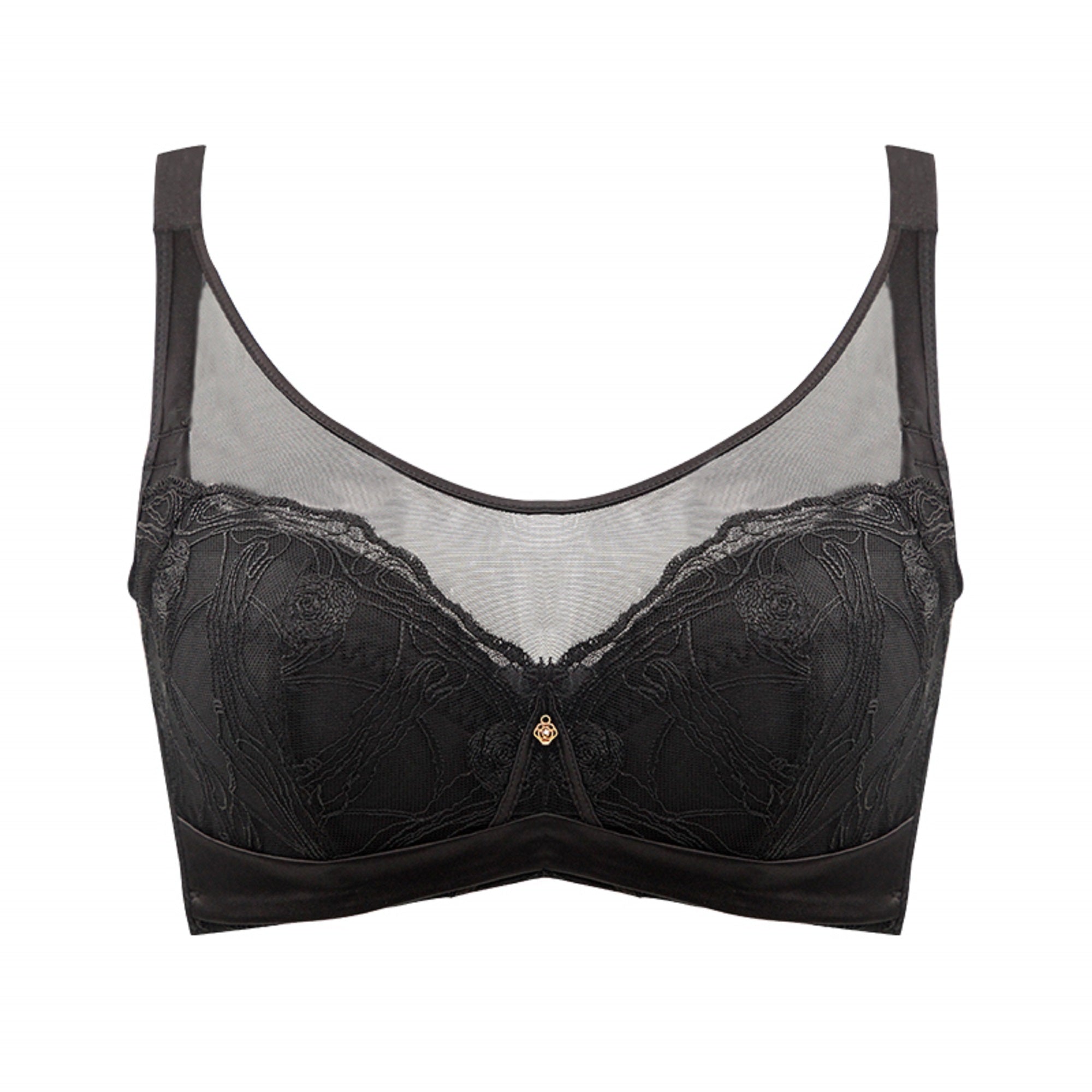 Front view of red embroidery lace full cup wireless contour bra with chic lace detail