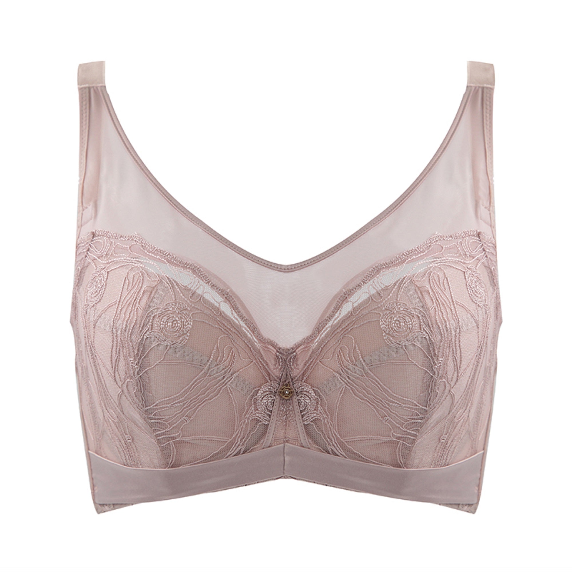Back view of black wireless contour bra highlighting U-shaped design and hook closure