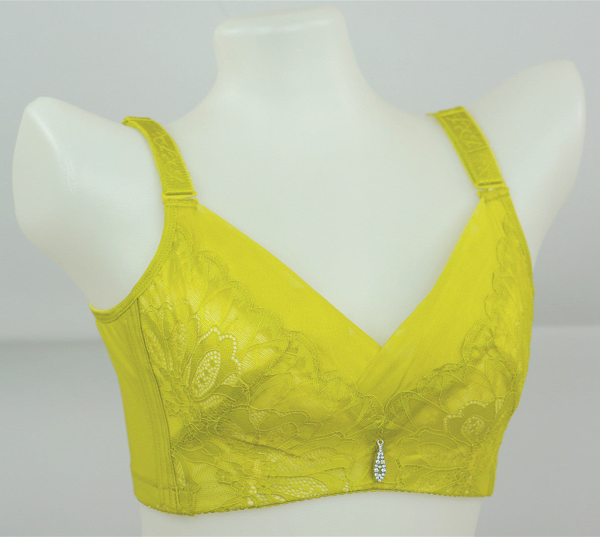 Back view of black floral lace wireless contour bra with wide hook closure