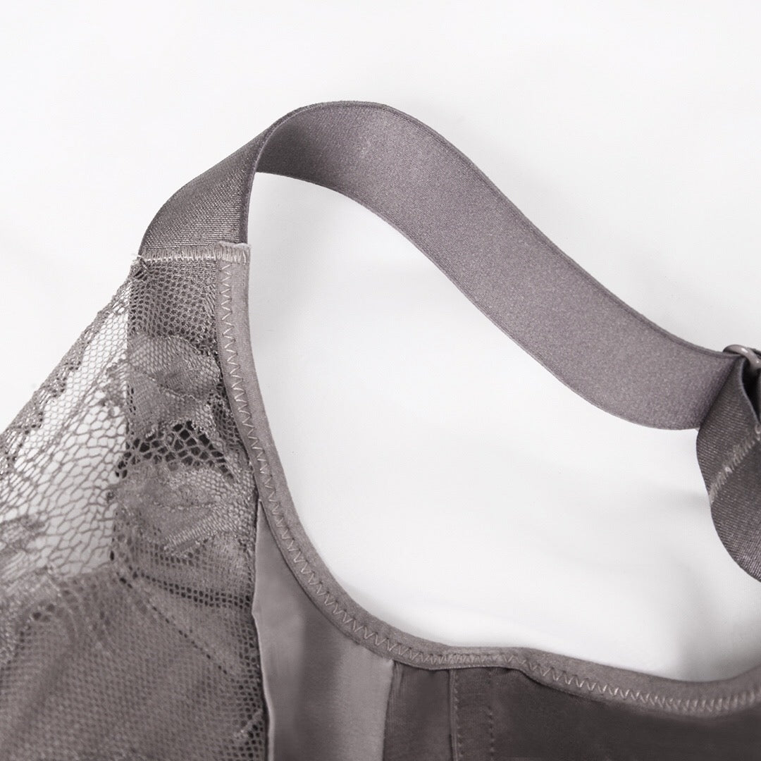 Close-up of floral lace detail and cotton cup lining on full coverage contour bra