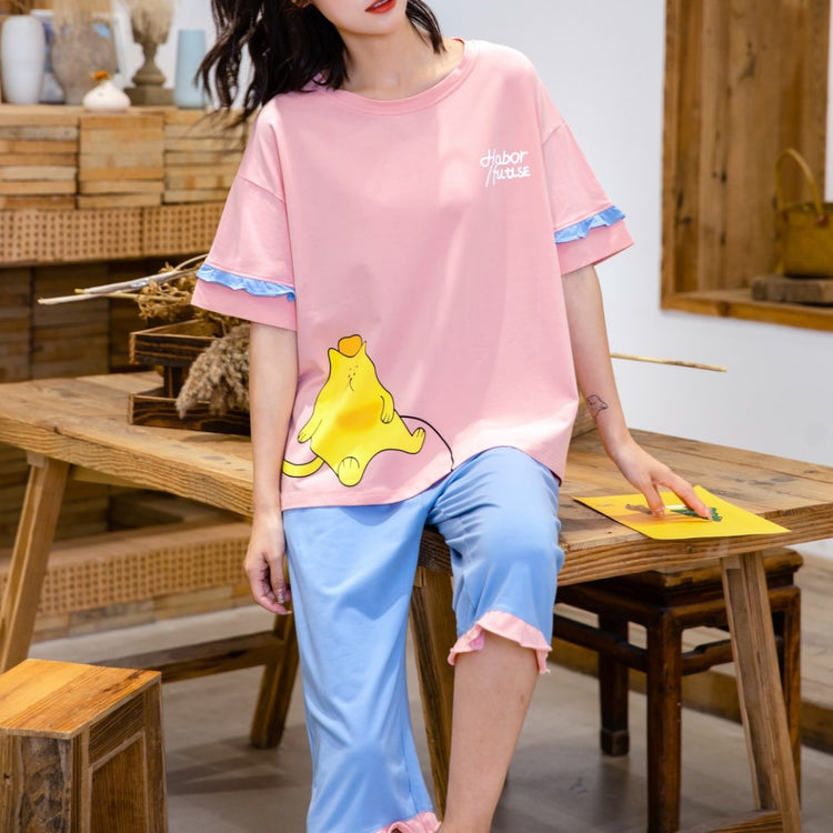 Oversized Cute Cat Graphic Tee with Ruffle Trimmings Pajamas #72126