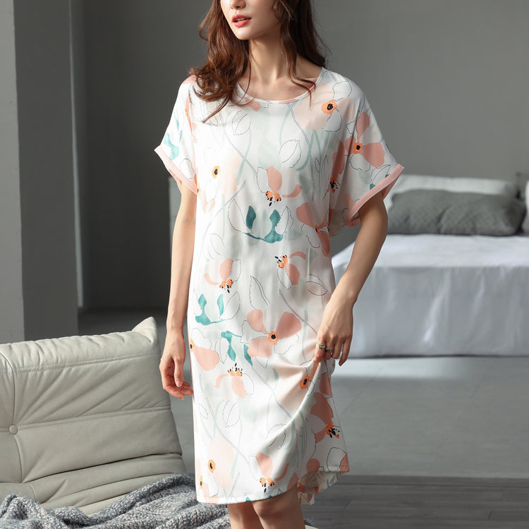 Loose Fit Floral Silk Pajama Dress #79206