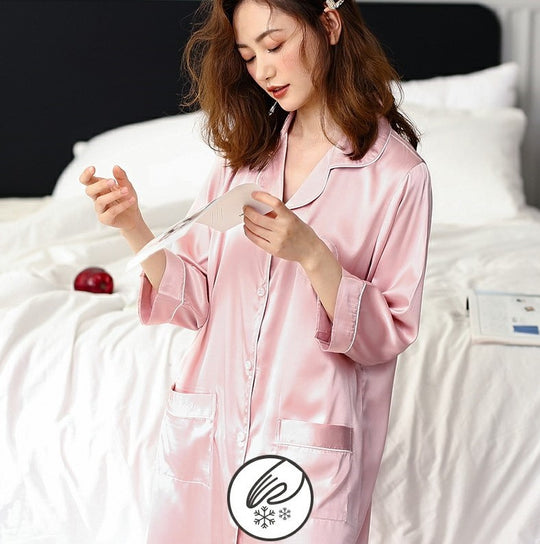 Korean Silk Night Dress For Women - Long Sleeve V-Neck Sweetheart Night Dress #750202