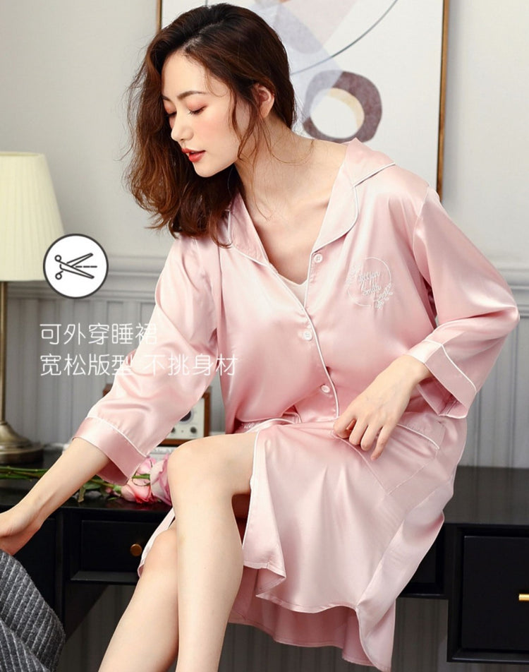 Korean Silk Night Dress For Women - Long Sleeve V-Neck Sweetheart Night Dress #750202