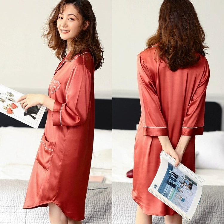 Korean Silk Night Dress For Women - 3/4 Sleeves V-Neck Silk Night Dress with Heart Embroidery #750206