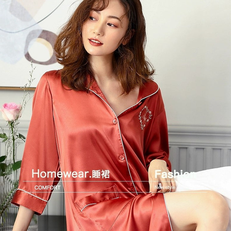 Korean Silk Night Dress For Women - 3/4 Sleeves V-Neck Silk Night Dress with Heart Embroidery #750206