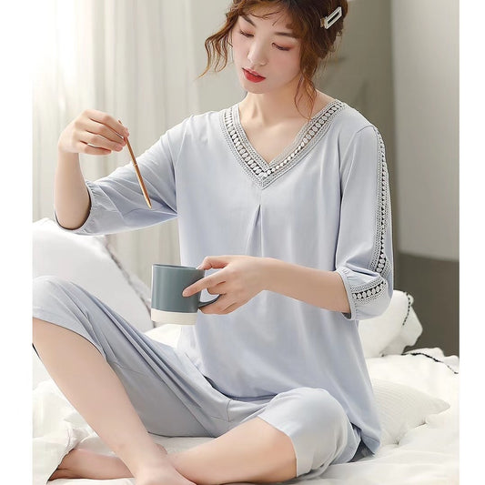 Breathable Comfy V-Neckline 3/4 Sleeves Pajamas #7211