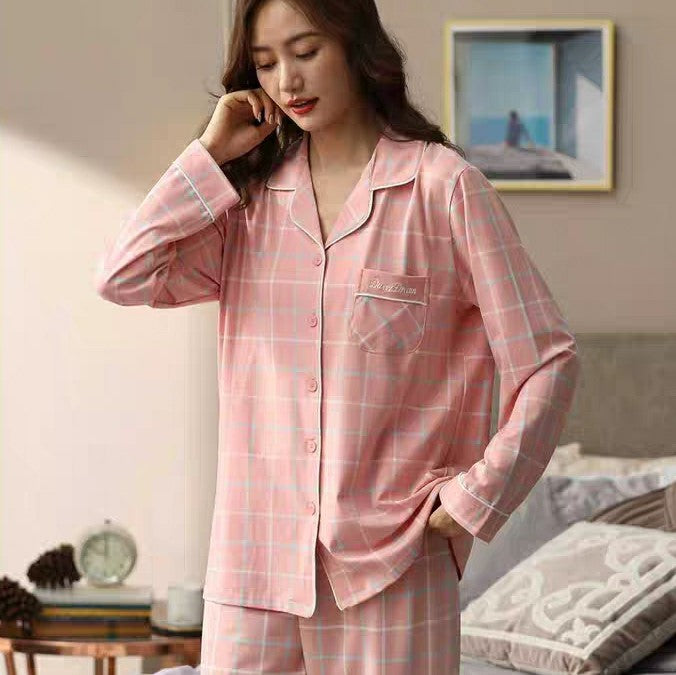 Cute Pastel Checkered Long Sleeves Pajamas with Embroidery #75061