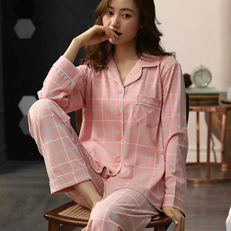 Cute Pastel Checkered Long Sleeves Pajamas with Embroidery #75061