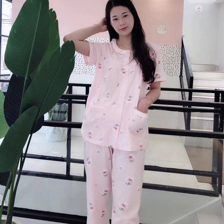 Cotton Pajamas - Floral Pink Pure Cotton Short Sleeve Pajamas #7562
