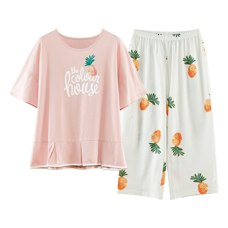 Cotton Pajamas - Pleated Pink Fruit Print Short Sleeve Pajamas #76023